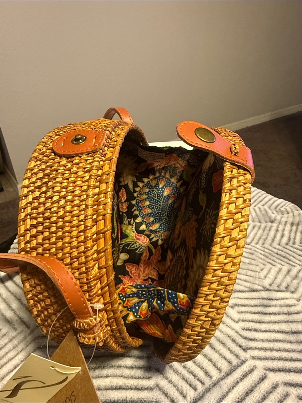 Collection XIIX Round Woven Crossbody Bag in Mustard Yellow with Brown Strap - Picture 4 of 5